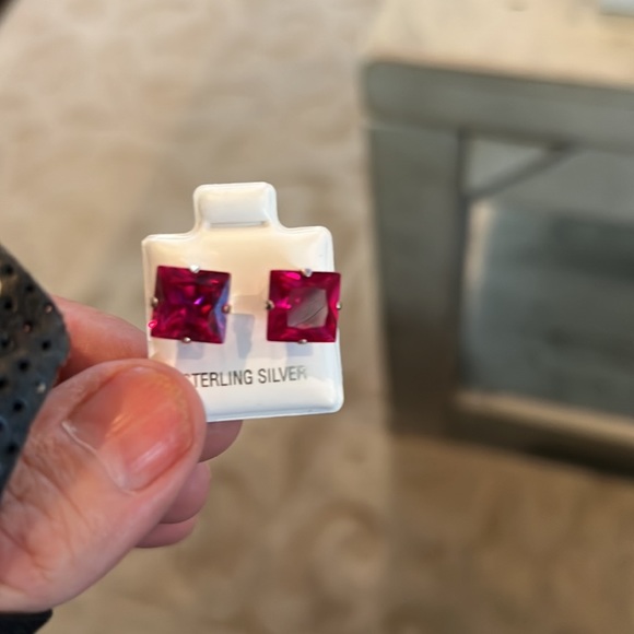 Ruby square studs. Lab created. Sterling mount .9 mm - Picture 5 of 10